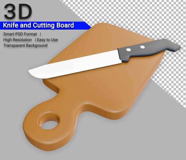 PSD knife cutting board 3d kitchen appliances icon render with transparent background