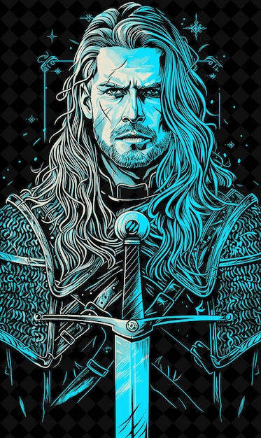 PSD knight man portrait in chainmail armor and tabard with a swo vivid color design png collections