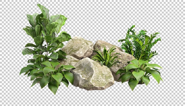 Knipsel groene tropen tuinieren decoratief met bemoste rots set 3d-rendering afbeelding achtergrond