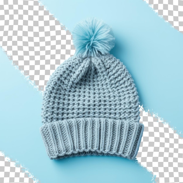 A knitted hat with a blue ribbon on it