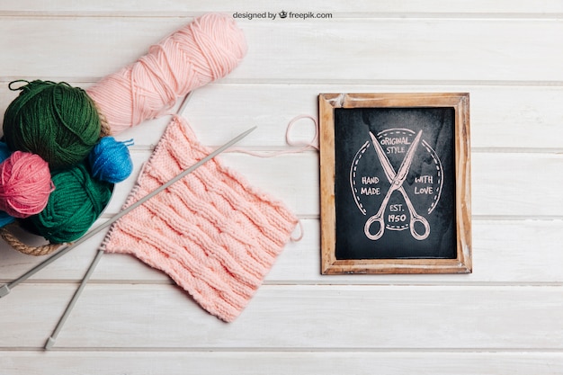 knitting concept with slate and basket