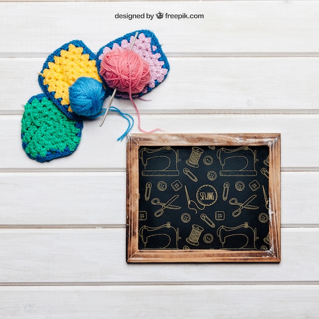 knitting mockup with slate and balls