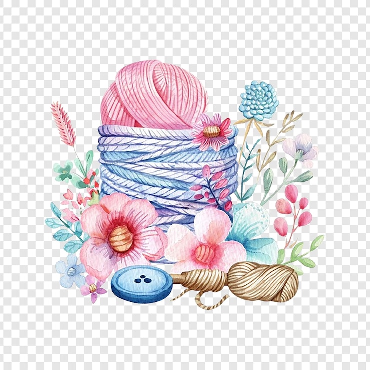 PSD knitting needles and yarn on a white background
