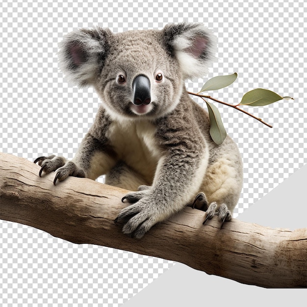 PSD koala on a branch isolated on transparent background