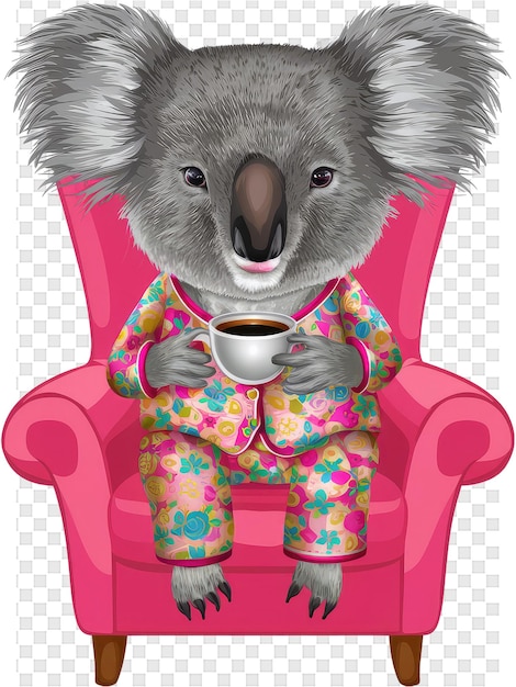 PSD un koala che beve caffè in una sedia rosa con una sedia rosa e una sedia rosa with a pink chair