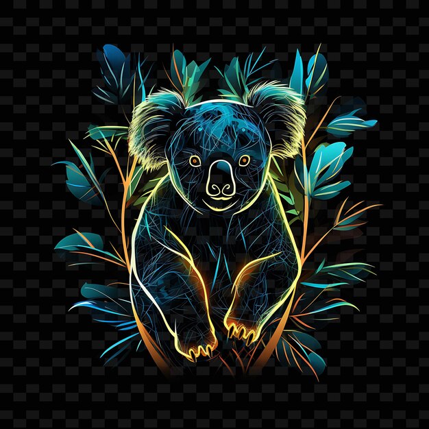 PSD koala leafy canopy swooping neon lines eucalyptus leaves cur png y2k shapes transparent light arts