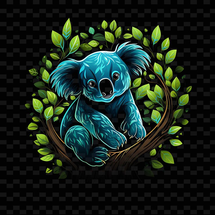 PSD koala leafy canopy swooping neon lines eucalyptus leaves cur shape y2k neon light art collections