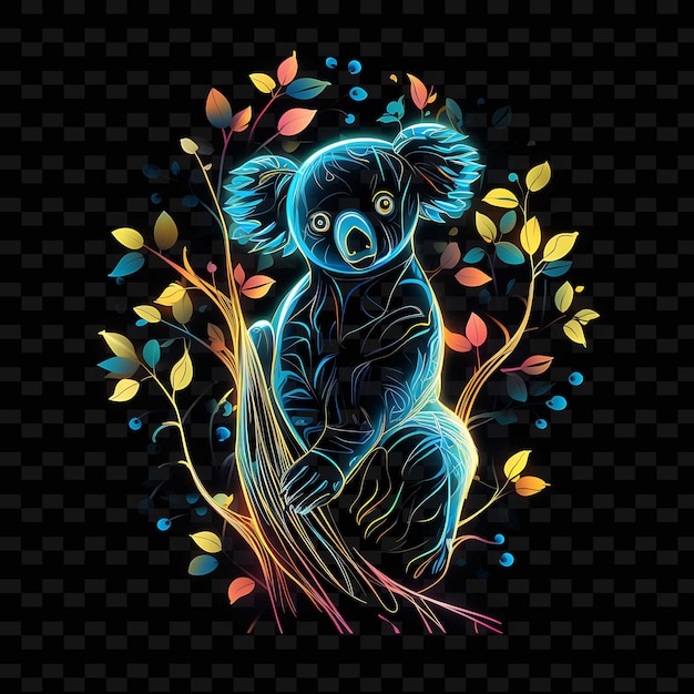 Koala lommerrijke luifel duikende neonlijnen eucalyptusbladeren cur png y2k vormen transparant lichtkunst