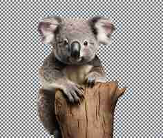 PSD koala sitting on wood isolated on transparent background