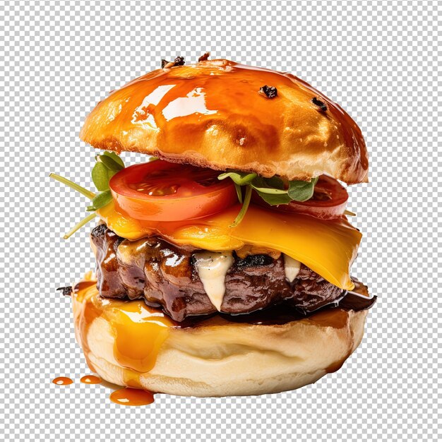 Kobe beef burger with shiny brioche bun and pulled cheddar cheese with tomatoes on a crisp and clean white background Job ID 351a39f77e804596b9c18cab4421ab0a