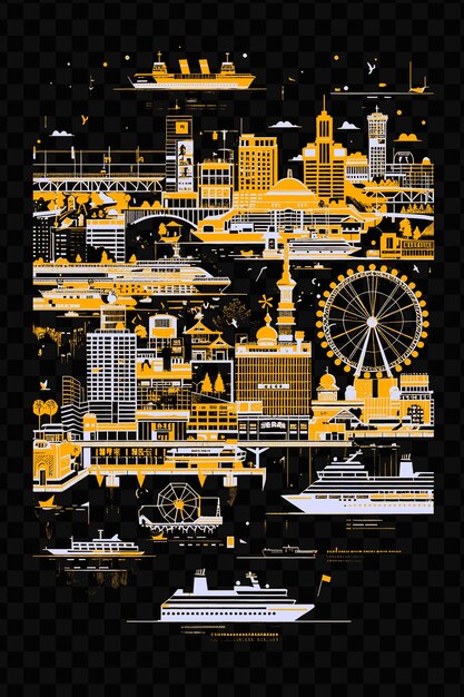 PSD kobes harborland with waterfront street scene shopping malls psd vector tshirt tattoo ink scape art