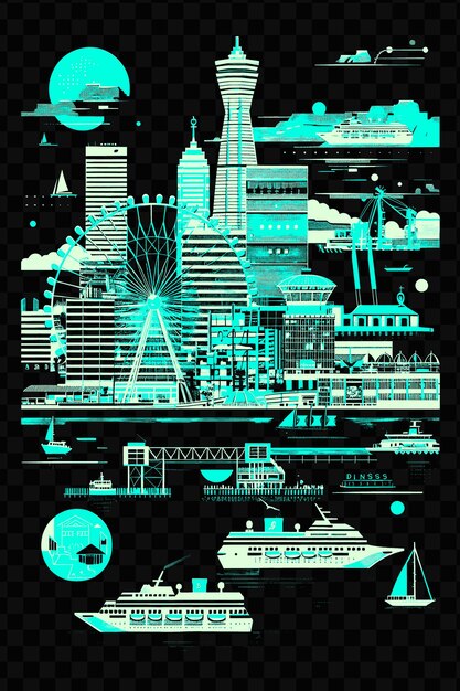 PSD kobes harborland with waterfront street scene shopping malls psd vector tshirt tattoo ink scape art