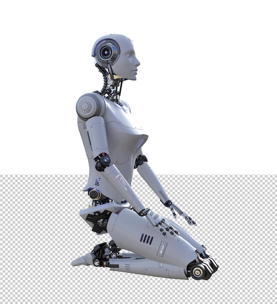 Kobieta android yoga pose 3d render na białym tle