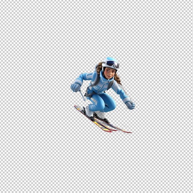 PSD kobieta europejska na nartach 3d w stylu kreskówki przezroczysty tło i