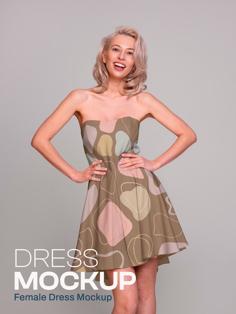 Kobieta modeluje elegancką suknię z pięknym wzorem