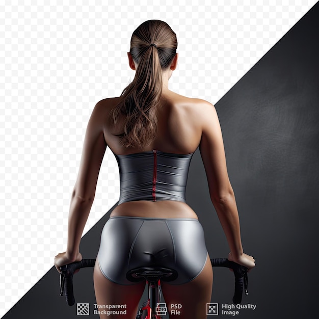 PSD kobieta na rowerze stacjonarnym, z napisem „ćwiczenia” na plecach.