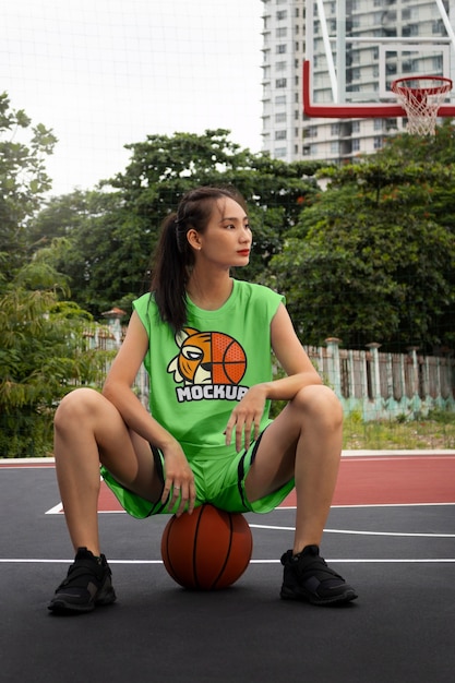 PSD kobieta nosi makietę koszulki do koszykówki