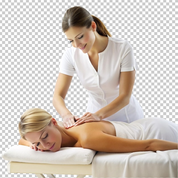 PSD kobieta otrzymująca masaż pleców od kobiety nasseur na przezroczystym tle