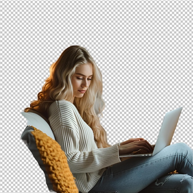 PSD kobieta siedzi na krześle z laptopem na kolanach