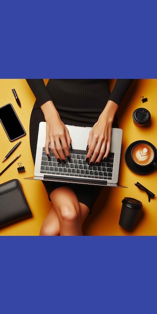 PSD kobieta siedzi na żółtym stole z laptopem i wieloma akcesoriami