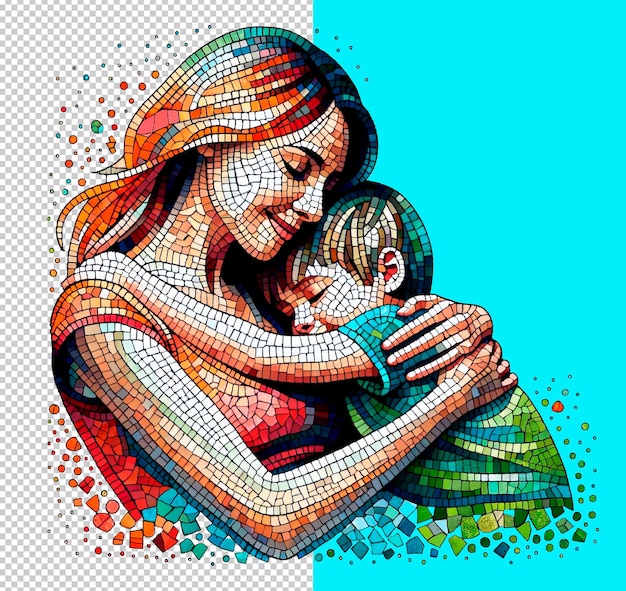 kobieta trzymająca dziecko w ramionach wykonana z ceramicznych płytek mozaikowych