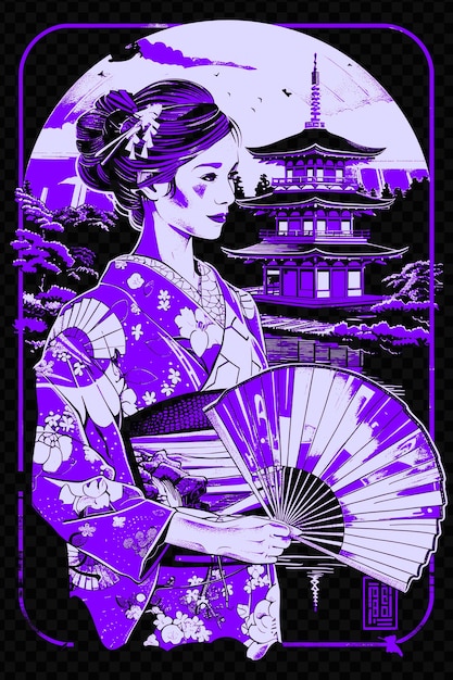 PSD kobieta w kimono trzymająca wentylator japoński ogród w backg psd art design concept poster banner