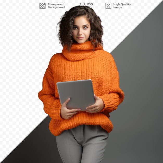 PSD kobieta w pomarańczowym swetrze stoi przed komputerem.