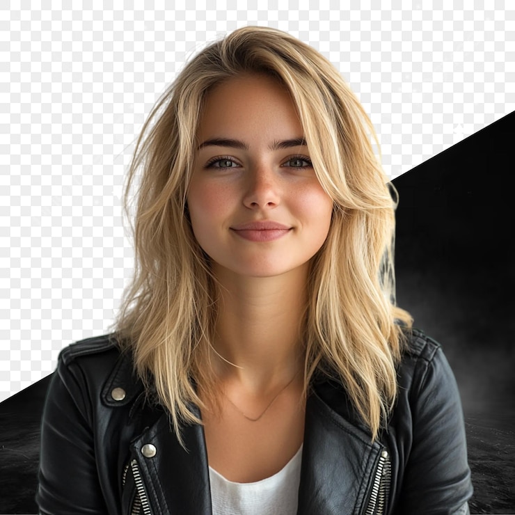 PSD kobieta z blond włosami i czarną skórzaną kurtką.
