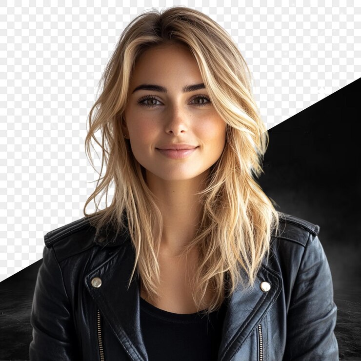 PSD kobieta z blond włosami i czarną skórzaną kurtką.