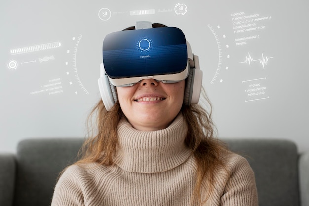 Kobieta z headsetem VR, makietą technologii rozrywki psd