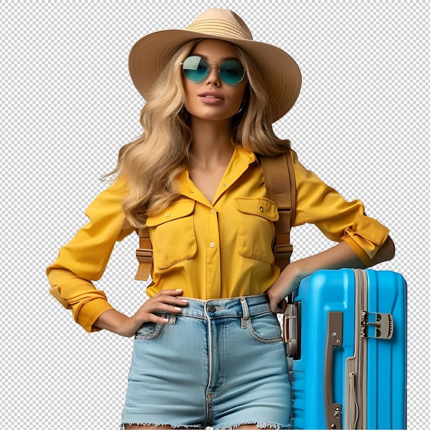 PSD kobieta z kapeluszem i okularami przeciwsłonecznymi pozuje z walizką