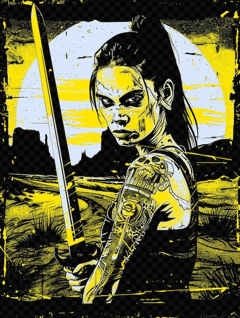 PSD kobieta z tatuażowaną twarzą trzymająca miecz post-apokaliptyczny psd art design concept poster banner