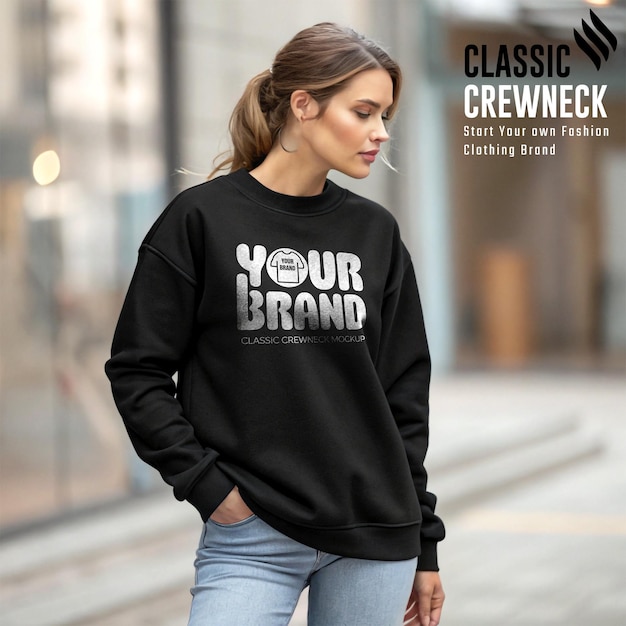Kobiety Jet Black Neutral Tone Crewneck Mockup do umieszczania logo