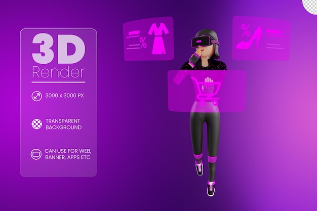 PSD kobiety robią zakupy z urządzeniem wirtualnej rzeczywistości metaverse 3d ilustracja