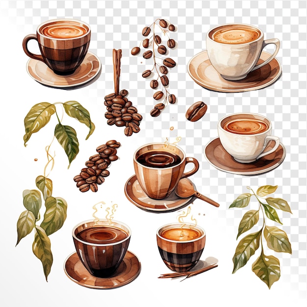 PSD koffie clipart set waterverf witte achtergrond