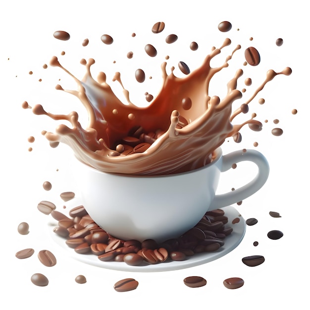 Koffiebeker splash met koffiebonen 3d psd