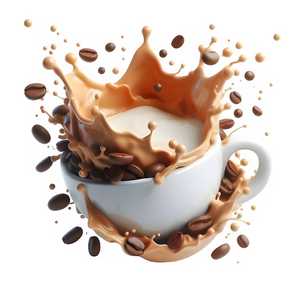 PSD koffiebeker splash met koffiebonen 3d psd