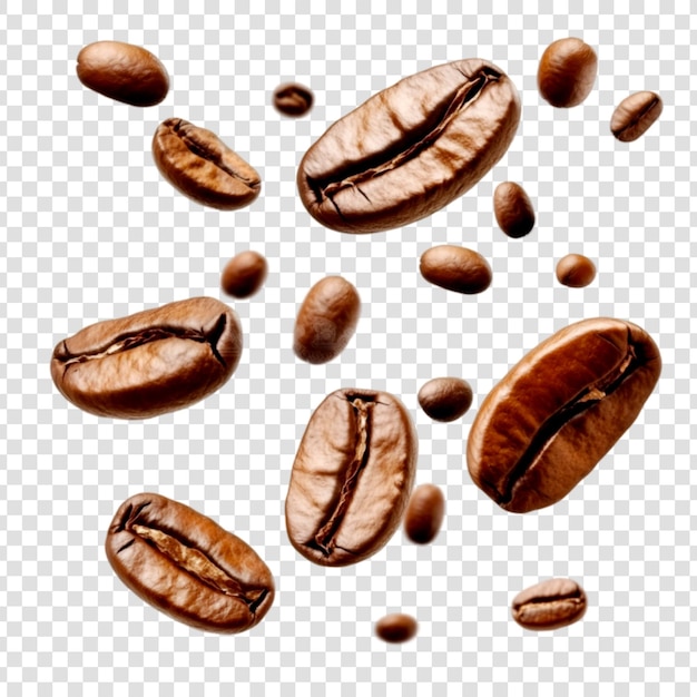 Koffiebonen vallen op een doorzichtige achtergrond