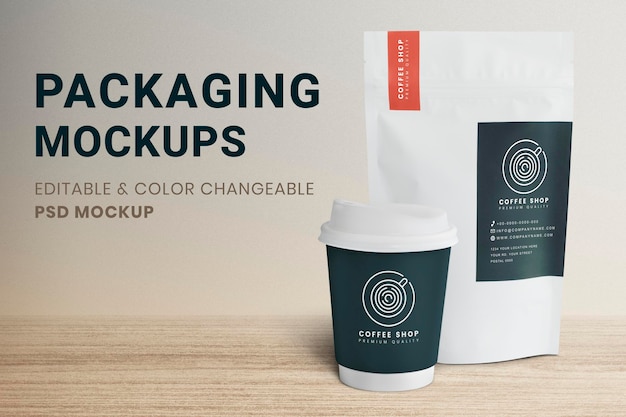 PSD koffiekop mockup psd met verpakkingstas