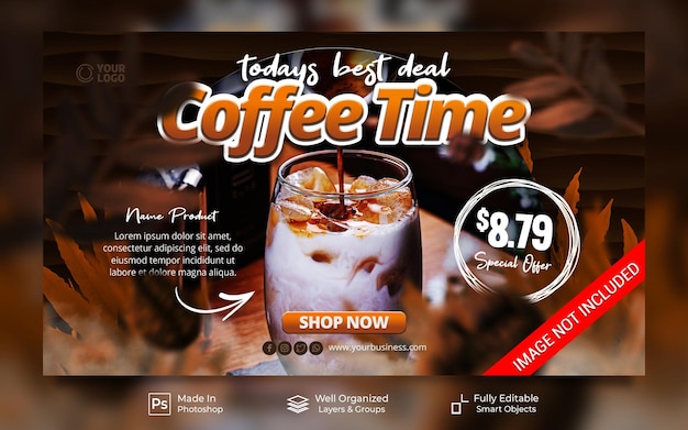 Koffietijd de beste deal van vandaag met decoratie koffieboon social media post website bannersjabloon