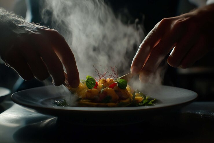 PSD kok bereidt een gourmetgerecht met stoomende stoom voor