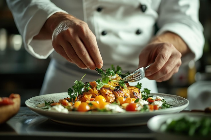 PSD kok serveert gegrilde kip met kruiden, tomaten en kaas.
