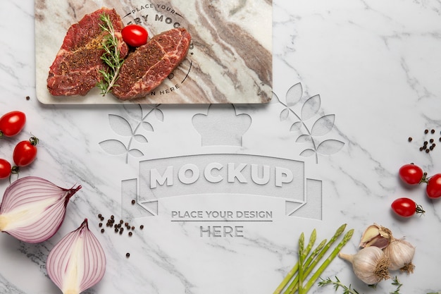 Koken concept mock-up met vlees en uien