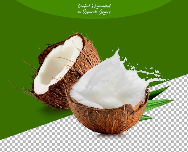 Kokosnoot met Coco Milk Splash geïsoleerd op doorzichtige achtergrond