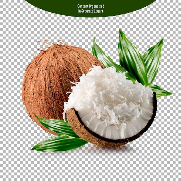 Kokosnoot met kokosnootvlokken geïsoleerd op een doorzichtige achtergrond