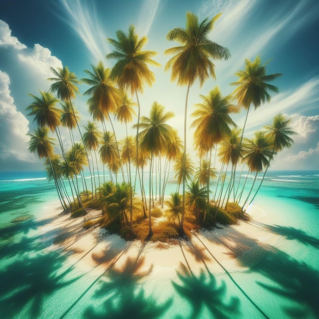 PSD kokospalmboom op het tropische caribische witte zandstrand bij zonsondergang