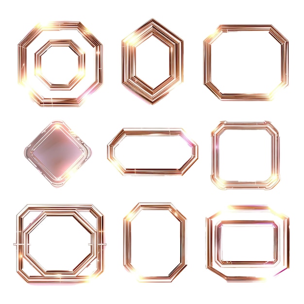 PSD kolekcja futurystycznych jasnych złotych ramek jasno różowych ramek kwadratowe owalne prostokąt okrągłe hud