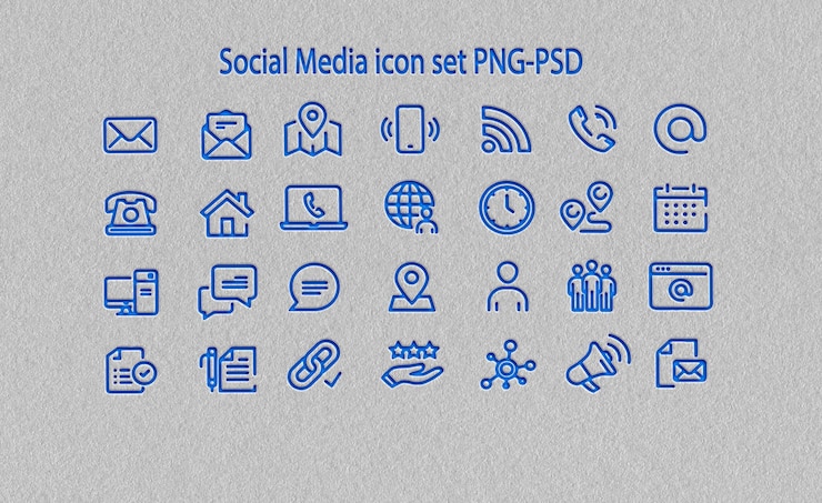 PSD kolekcja minimalistycznych niebieskich ikon mediów społecznościowych dla aplikacji internetowych i mobilnych