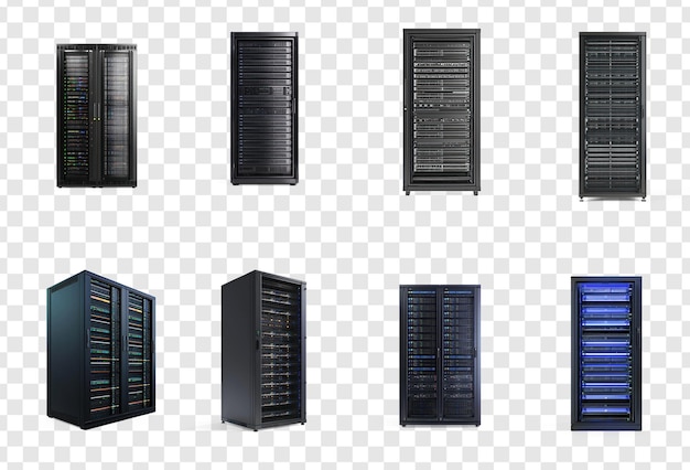 Kolekcja Modern Network server rack front view izolowana na przezroczystym tle