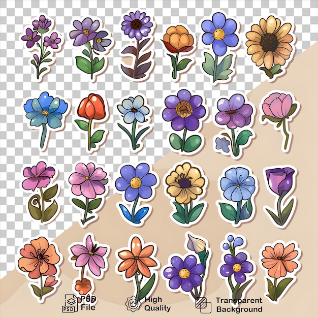PSD kolekcja naklejek z kwiatami na przezroczystym tle zawiera plik png